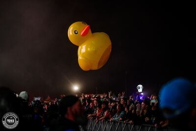 A giant inflatable duck crowd surfing over fans during Alestorm's set at Wacken Open Air 2026