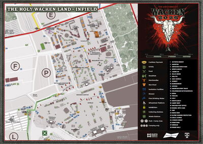 Map of the Infield (Holy Ground) at Wacken Open Air 2026, showing the Faster and Harder mainstages.