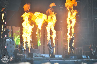 Lamb of God performing with flamethrowers on stage at Wacken Open Air 2026