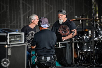 Skyline drummer Andreas "Gösy" Schlüter with guitarist Lars Jacobsen during soundcheck at Wacken Open Air 2026.