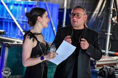 Skyline singer Dan Hougesen with guest vocalist Jennifer Haben during soundcheck at Wacken Open Air 2026.