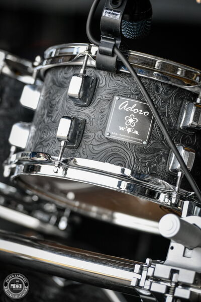 Close-up of a custom drum head featuring the Wacken Open Air logo, Skyline soundcheck 2026.
