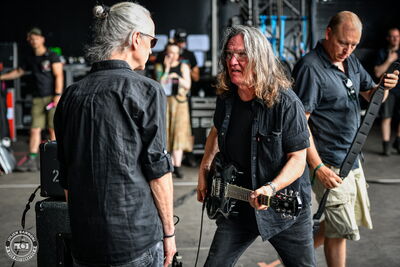 Thomas Jensen with Skyline guitarist Lars Jacobsen during soundcheck at Wacken Open Air 2026.