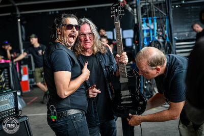 Thomas Jensen with Skyline guitarist Joey during soundcheck at Wacken Open Air 2026.