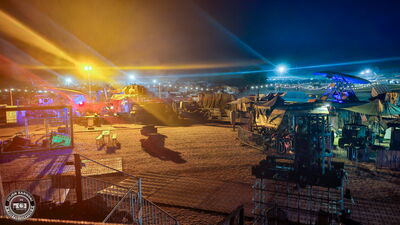 Post-apocalyptic themed decor at the Wasteland Warriors camp during Wacken Open Air 2026.