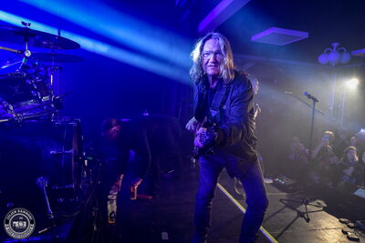 Thomas Jensen, co-founder of Wacken Open Air, playing bass with Skyline at the Landgasthof in 2026.
