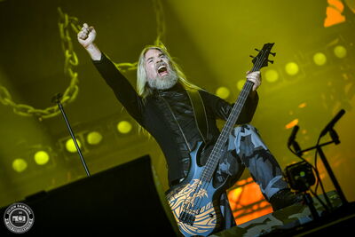 Pär Sundström, bassist of Sabaton, performing at Wacken Open Air 2026