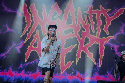 Le chanteur d'Insanity Alert lors de sa prestation au Hellfest 2026 à Clisson.