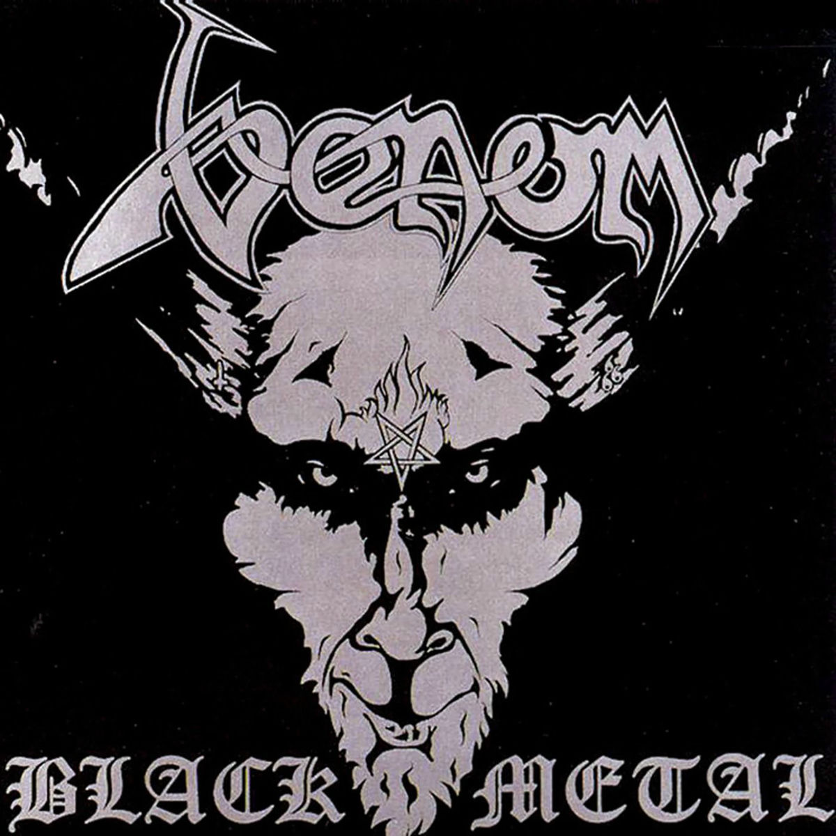 Pochette noir et blanc de l'album "Black Metal" de Venom, sorti en 1982, dessinée par Cronos lui-même