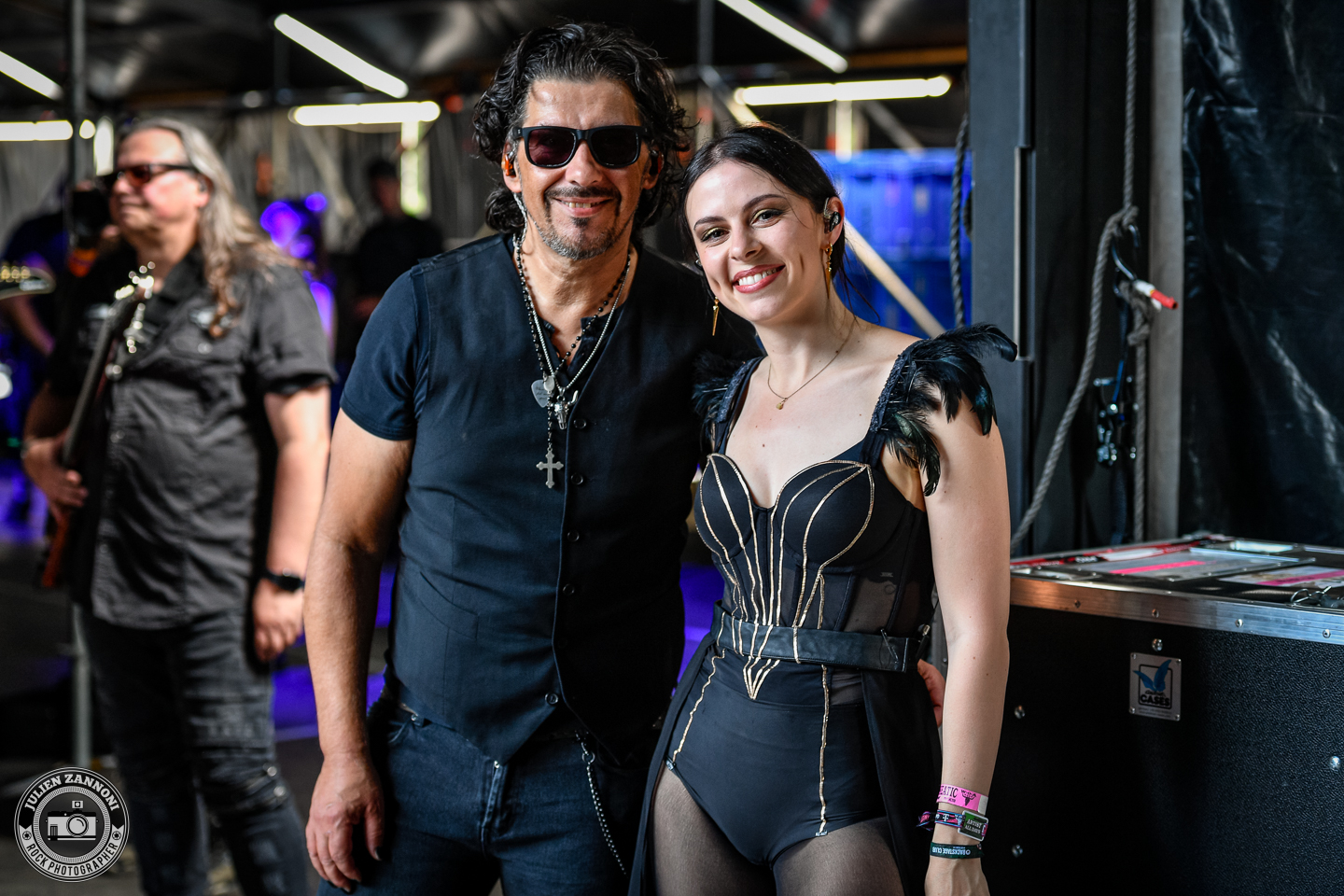 Skyline guitarist Joey with guest vocalist Jennifer Haben during soundcheck at Wacken Open Air 2026.